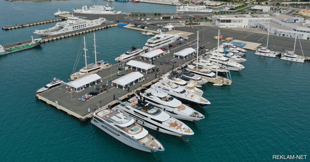 Aerial view of Zadar Cruise Port and multiple luxury yacht charters berthed