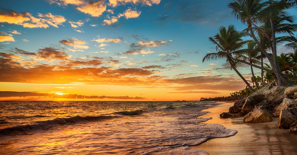 Landscape of paradise tropical island beach, sunrise shot