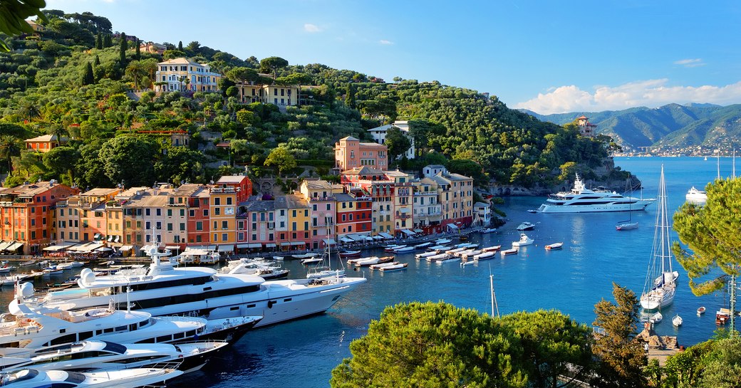 Elevated view looking down over a marina in Portofino, with superyacht charters berthed