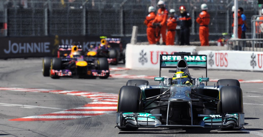 Trackside view of racers in action during the Monaco Grand Prix