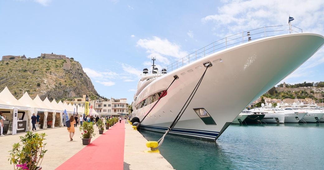 Superyacht charter berthed at MEDYS alongside exhibitor tents