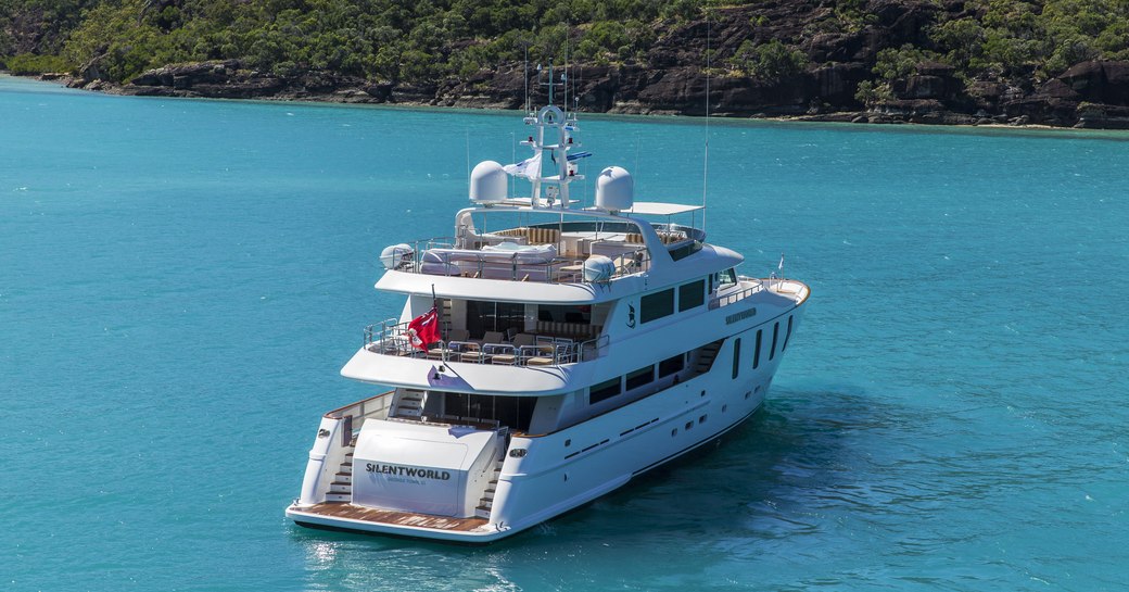 motor yacht SILENTWORLD anchors in an iydllic spot on a luxury yacht charter in the South Pacific