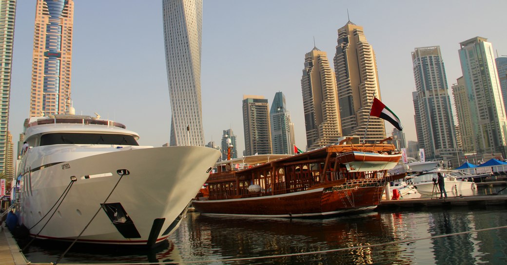  Luxury Yachts on display during Dubai International Boat Show at Dubai Marina Yacht Club