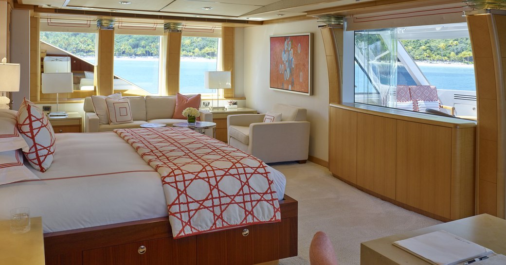 Master stateroom onboard MY Victoria del Mar