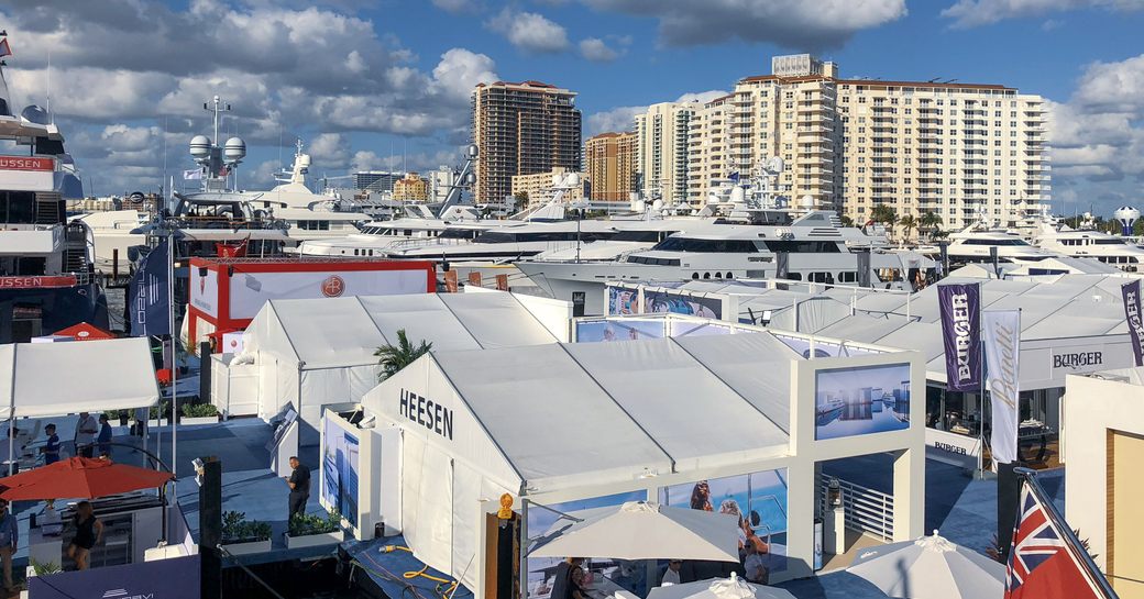 Stands at FLIBS 2018 and view of Florida skyline