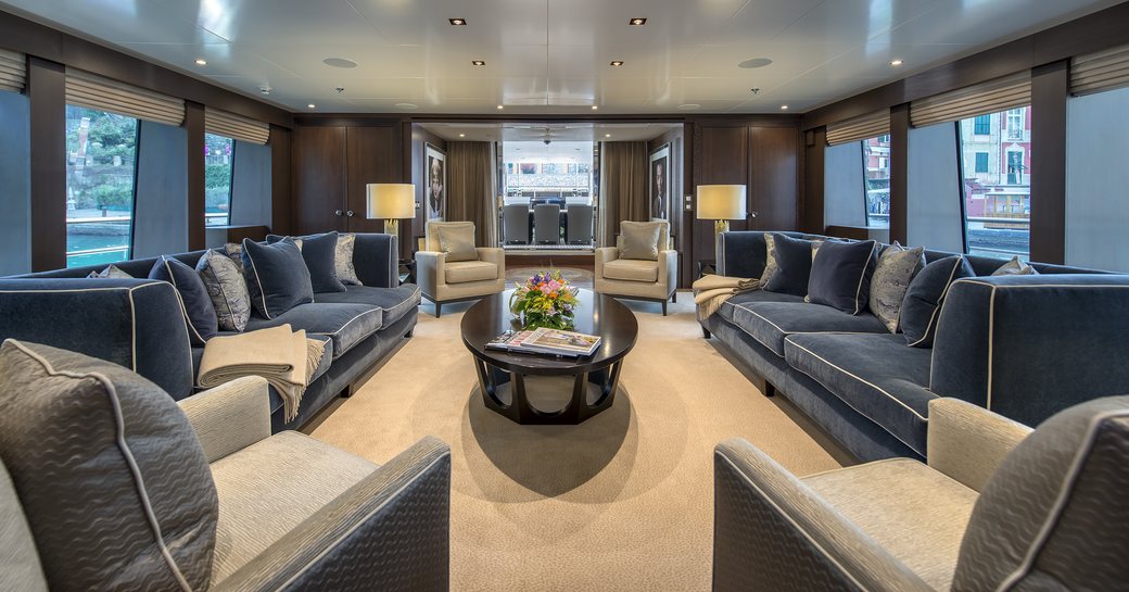 The cream carpeting and blue furnishings found inside superyacht 'The Wellesley'