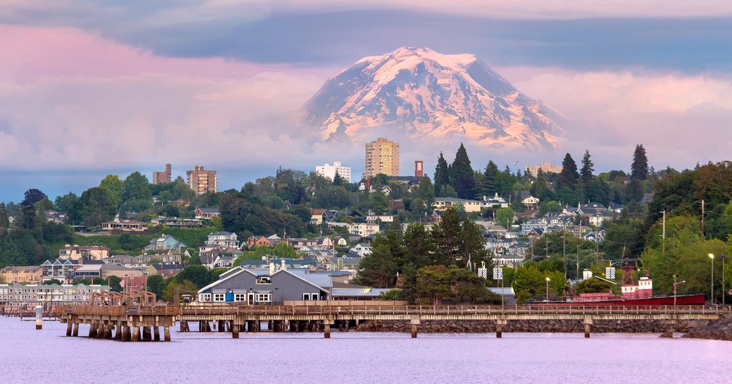 Mount Rainier over Tacoma WA Waterfront at Dusk