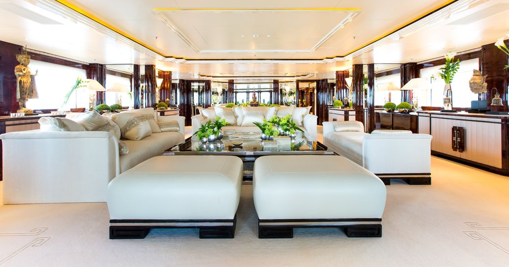 sumptuous main salon lounge aboard charter yacht ‘Lioness V’ 