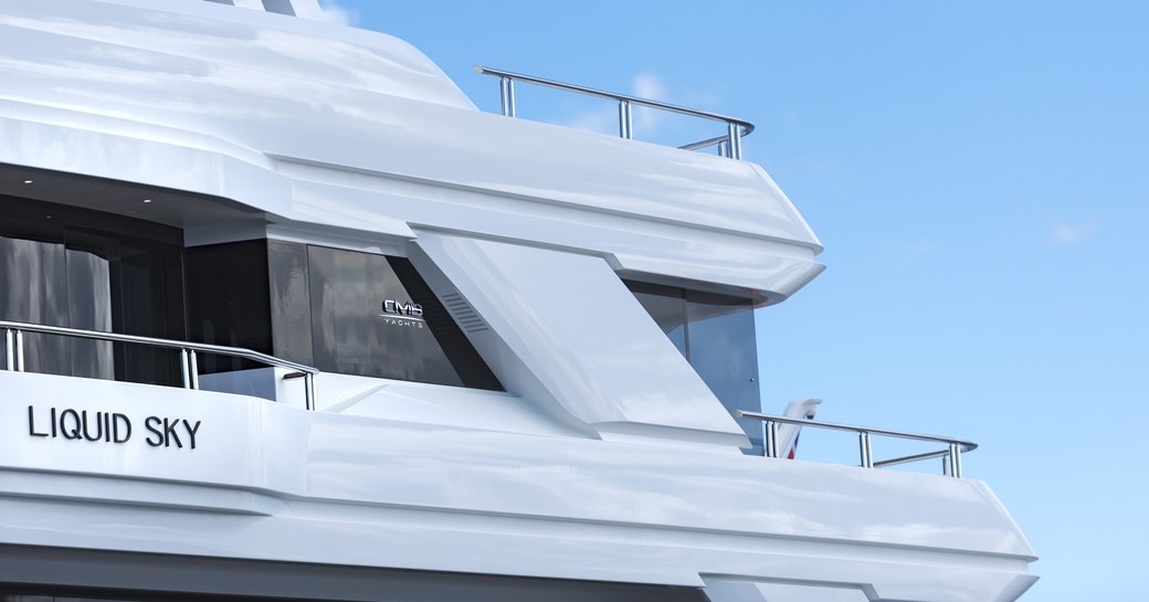 close up of curved side balconies and exterior lines on board motor yacht Liquid Sky