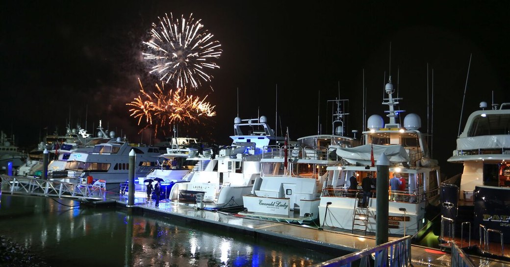 Fireworks light up the night sky over the harbour at the Australian Superyacht Rendezvous 