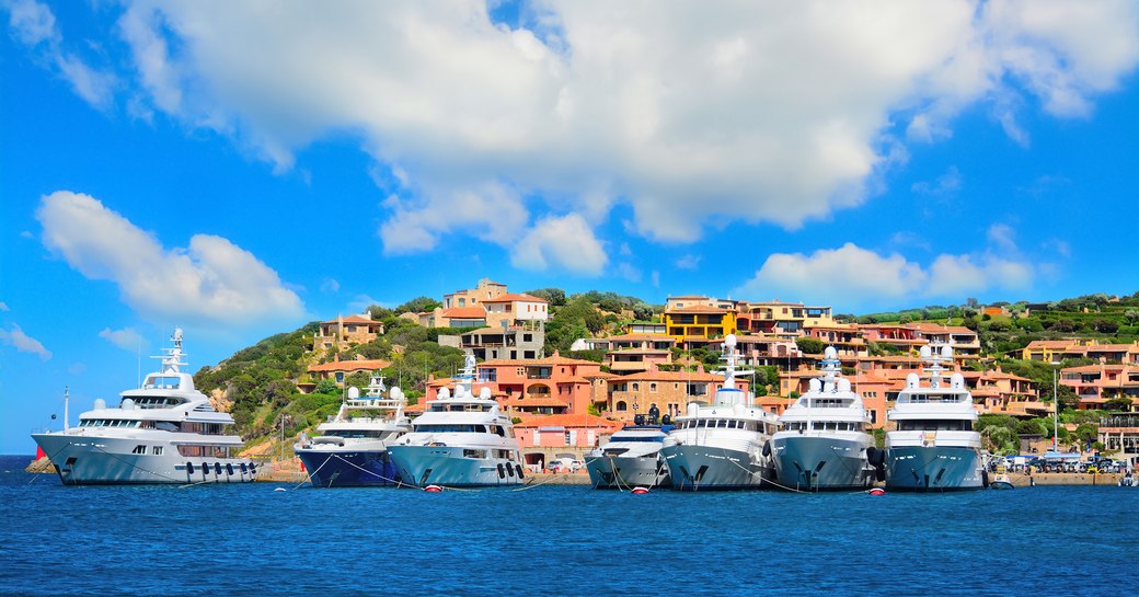 Motor yachts lined up in Porto Cervo Sardinia