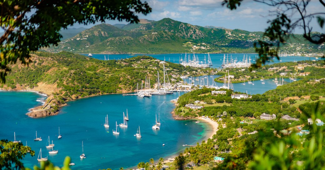 view over marinas at the Antigua Charter Yacht Show from Shirley Heights