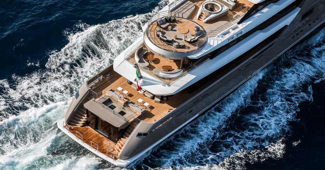 the aft sections of the decks aboard luxury yacht SOLO as she cruises on a Mediterranean yacht charter