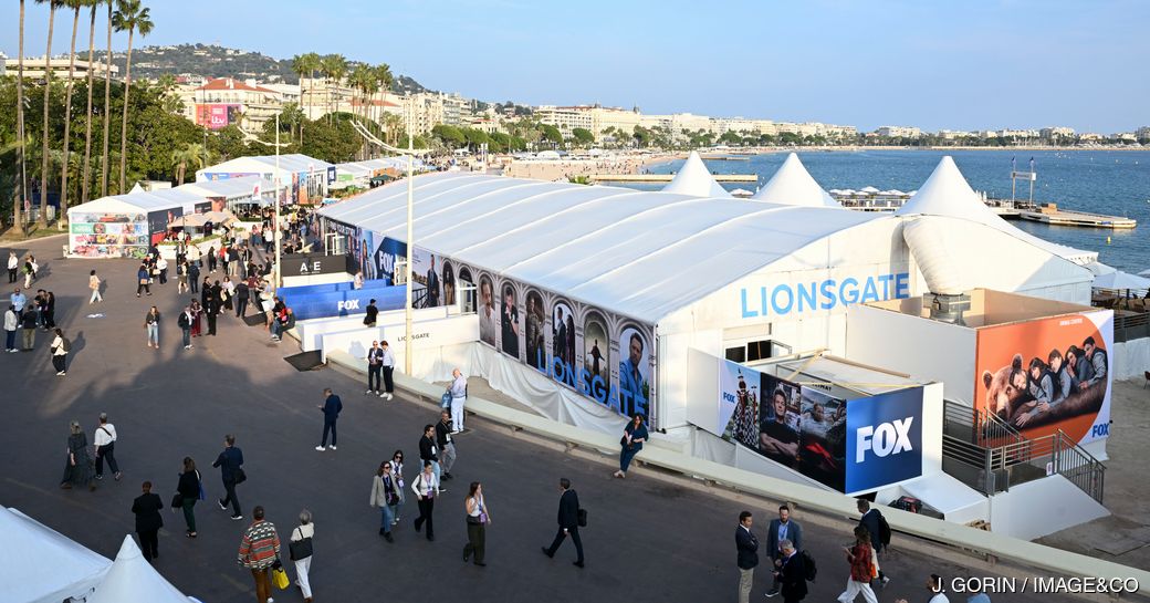 Exhibitor tent with Lionsgate and Fox branding visible at MIPCOM Cannes