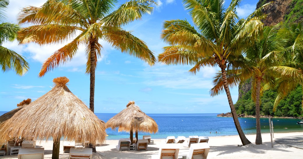 St Lucia beach with huts and palm trees in the Caribbean