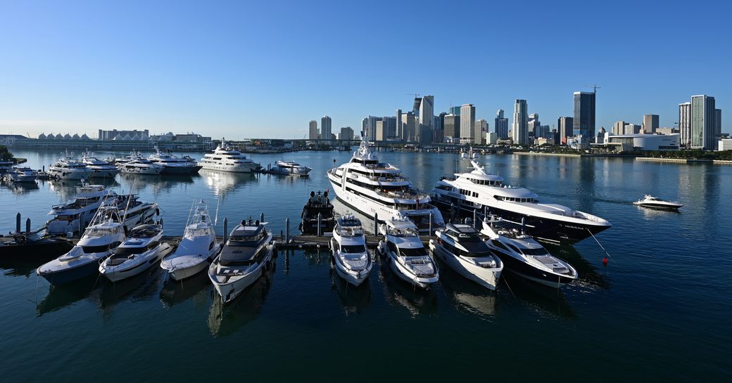 Super-yachts docked in Yacht Haven Grande Miami at Island Gardens