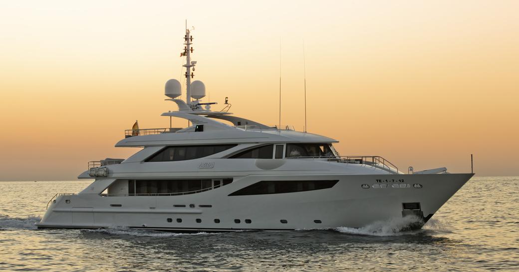 superyacht AZIZA underway in the Balearics on a luxury yacht charter