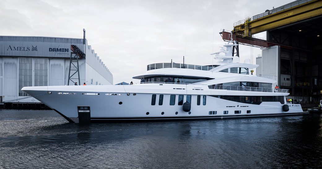 An Amels Limited Editions 200 being launched at Damen Yachting facility