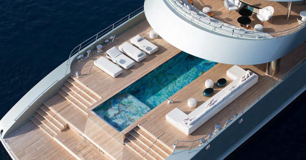 Superyacht SAVANNAH viewed from above showing pool and sunloungers