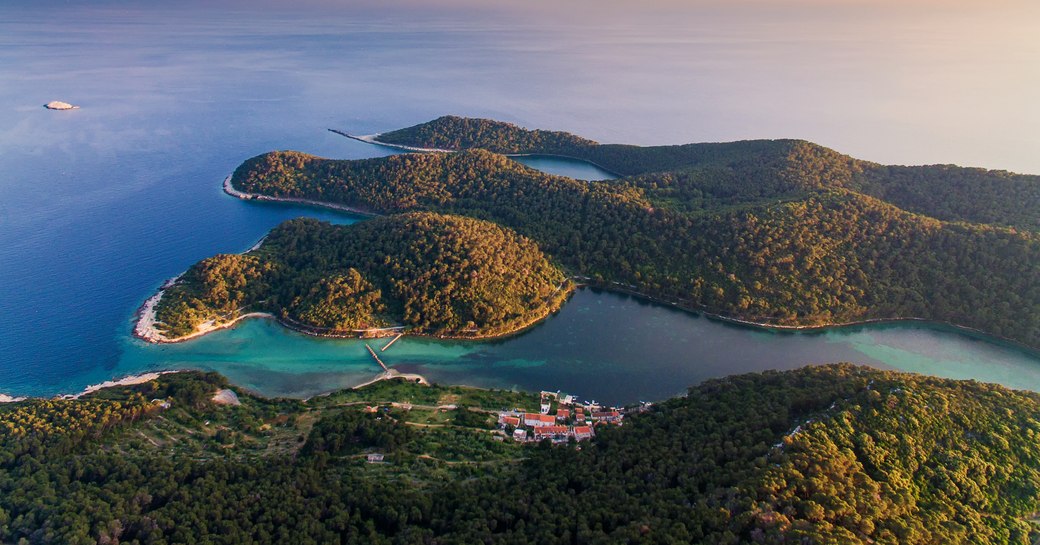 and aerial shot of antigua during sun set