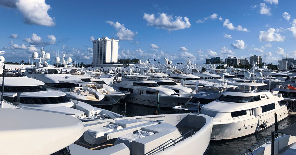 scores of yachts line up in Fort Lauderdale for FLIBS 2018