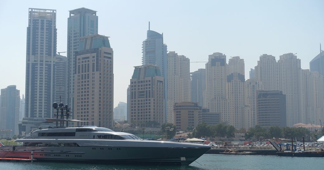 superyacht 'Silver Fast' lines up for the Dubai International Boat Show 2017 