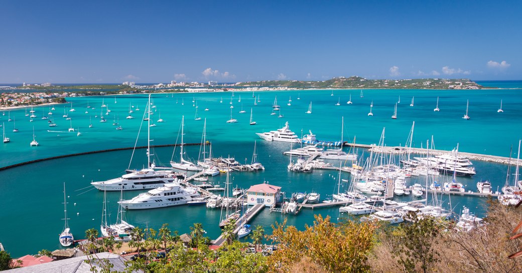 Yachts moored in a marina in the Caribbean