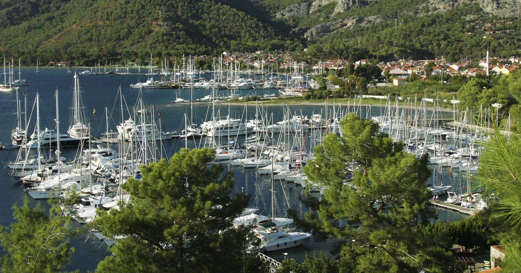 Overview of Gocek marina, looking through green foliage towards the berthed sailing boats and yachts.