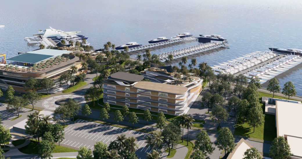 Elevated view rendering of new marina in Bali with raised buildings and pontoons