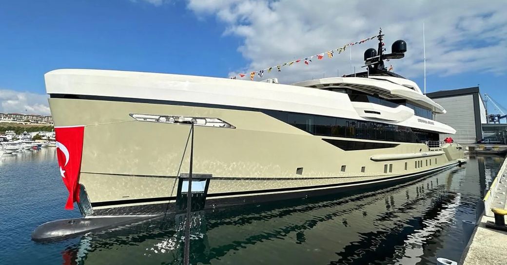 Charter yacht ETERNAL SPARK outside construction facility during launch