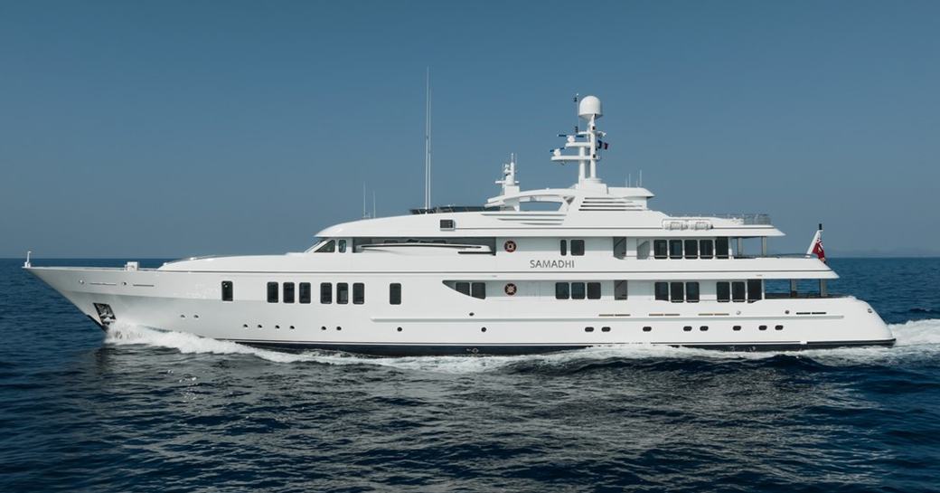 Charter yacht SAMADHI underway, surrounded by sea