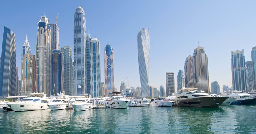 yachts lined up for the Dubai International Boat Show 