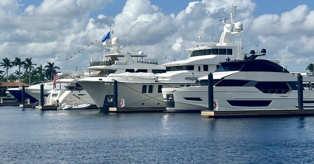 A line of superyachts berthed at FLIBS