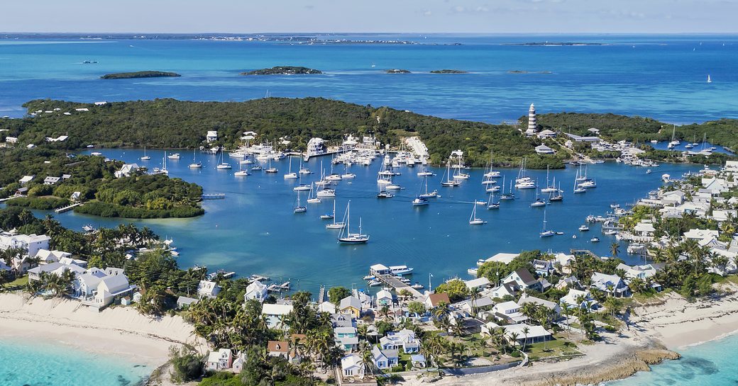 Overhead view of marina in Bahamas