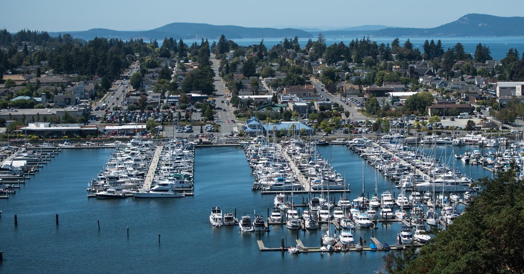 Cap Sante Marina with many motor and sailing yacht charters berthed