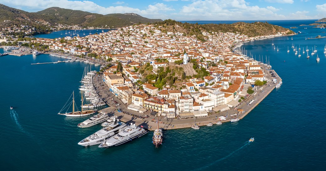 Aerial view looking down on Poros Port, Greece