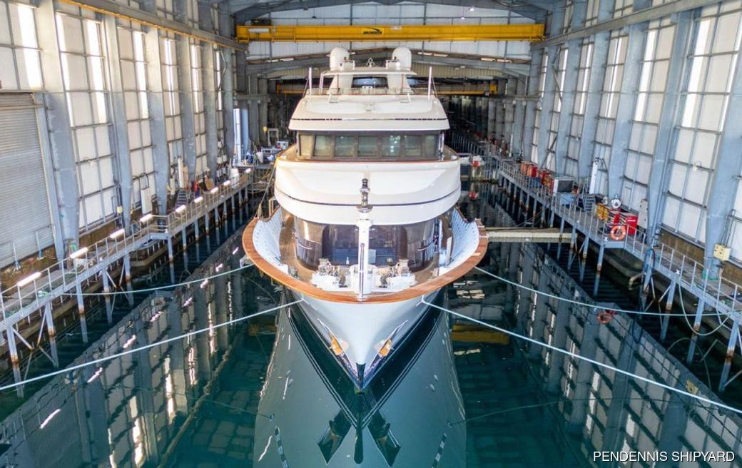 Charter yacht SOLACE inside construction shed