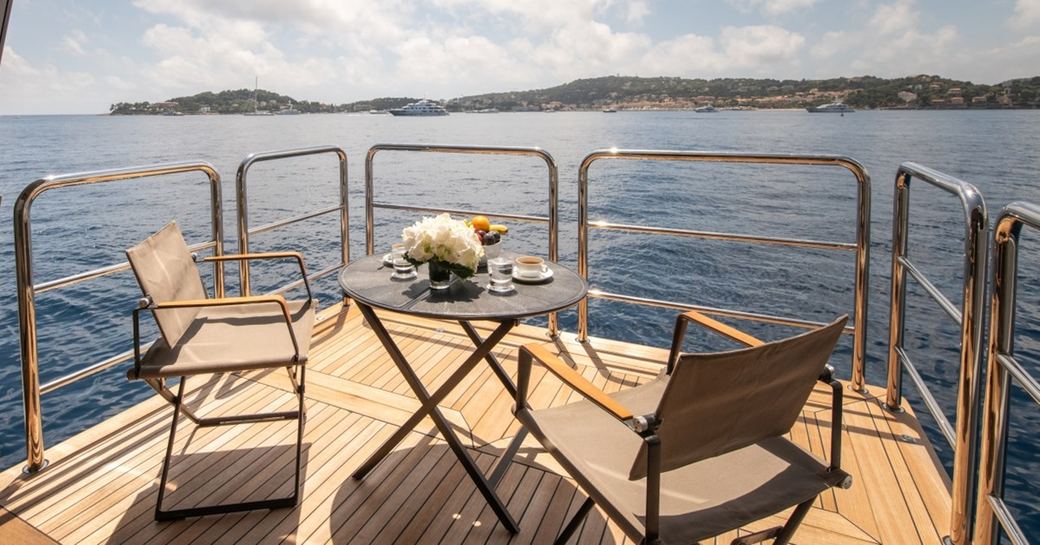 Overview of a fold-down balcony onboard charter yacht ARBEMA.