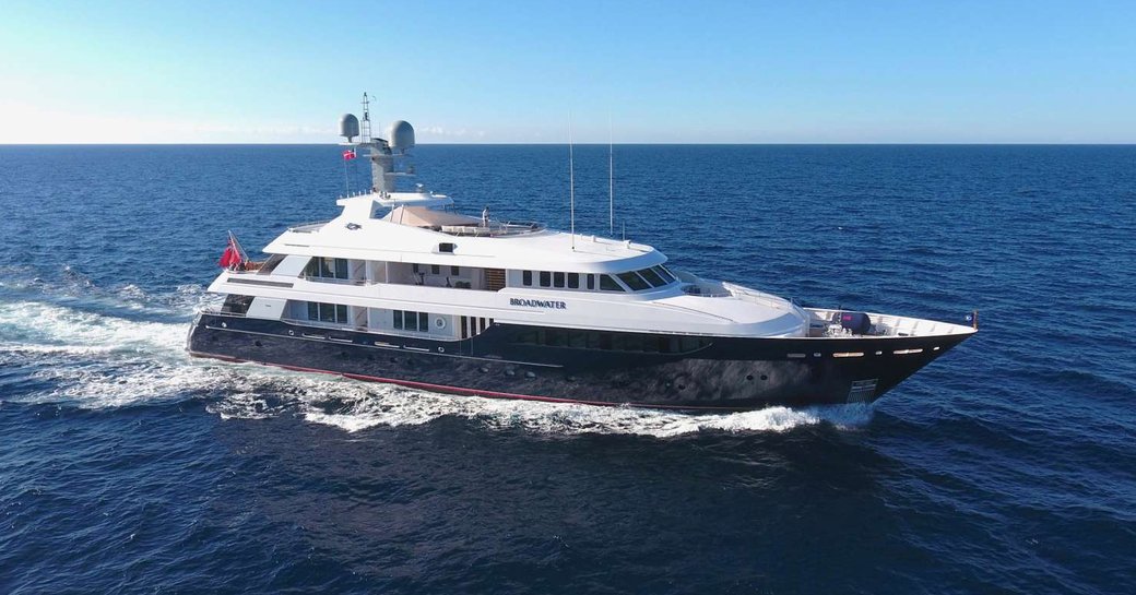 superyacht BROADWATER cuts through the water on a Mediterranean yacht charter