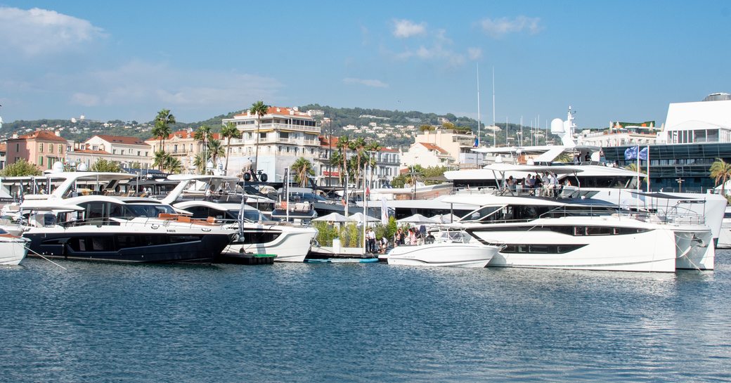 Motor yachts berthed at the Cannes Yachting Festival