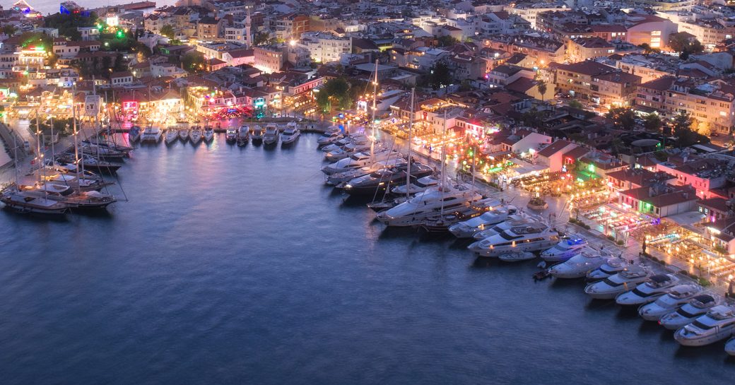 Aerial view of motor yacht charters berthed in Muttaş Marmaris Marina