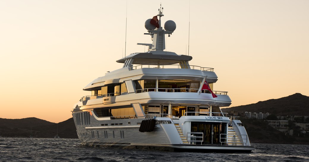 aft view of superyacht Liquid Sky with swim platform in view