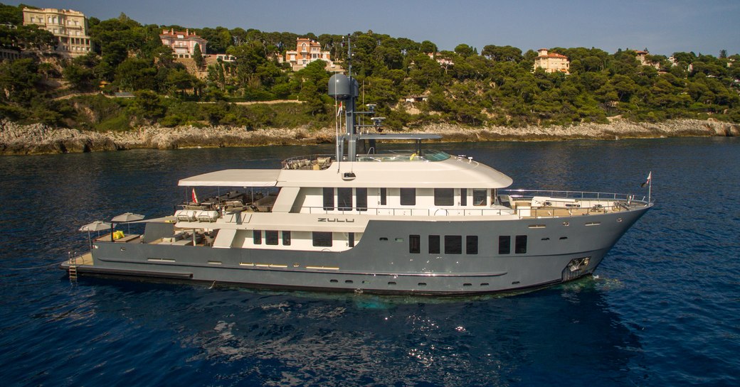 expedition yacht ZULU anchors on charter in the Mediterranean