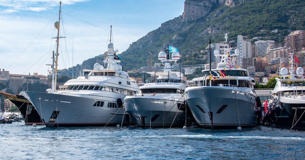 Superyachts berthed at the Monaco Yacht Show