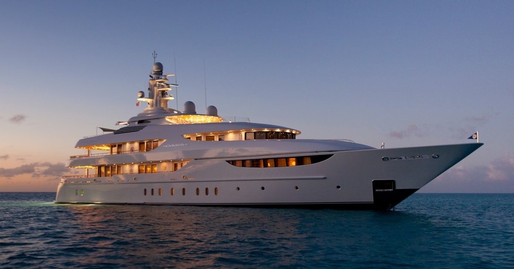 superyacht OASIS anchors in the Mediterranean as the sunsets