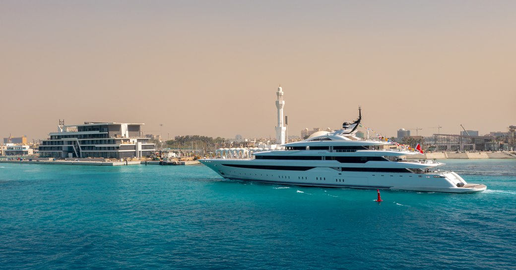 Charter yacht O'Pari coming into port in Jeddah marina, Saudi Arabia