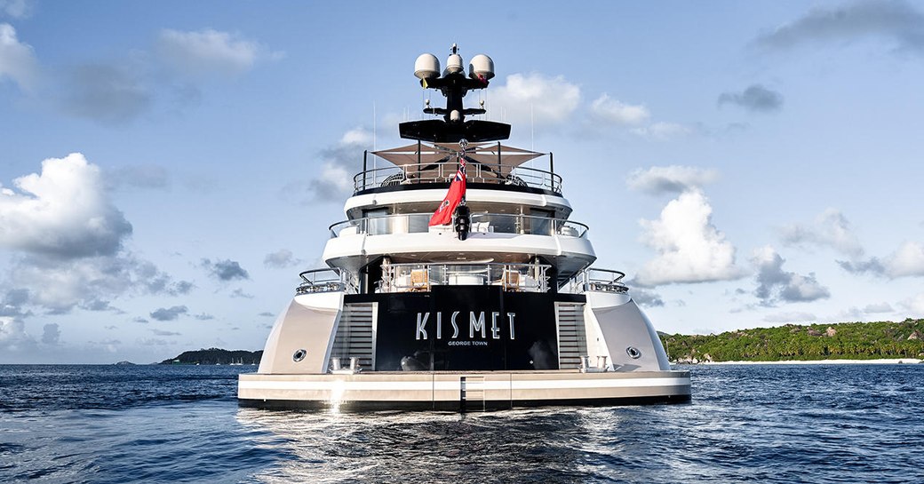 the aft of motor yacht KISMET anchored during a private yacht charter