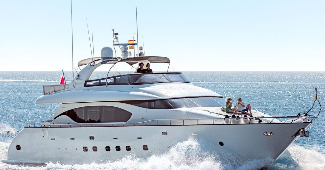 motor yacht ‘Cento by Excalibur’ gets underway on a luxury yacht charter in Mallorca