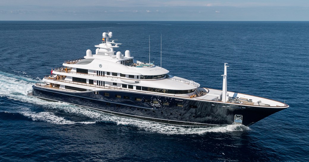 Running shot of charter yacht AQUILA, surrounded by sea 