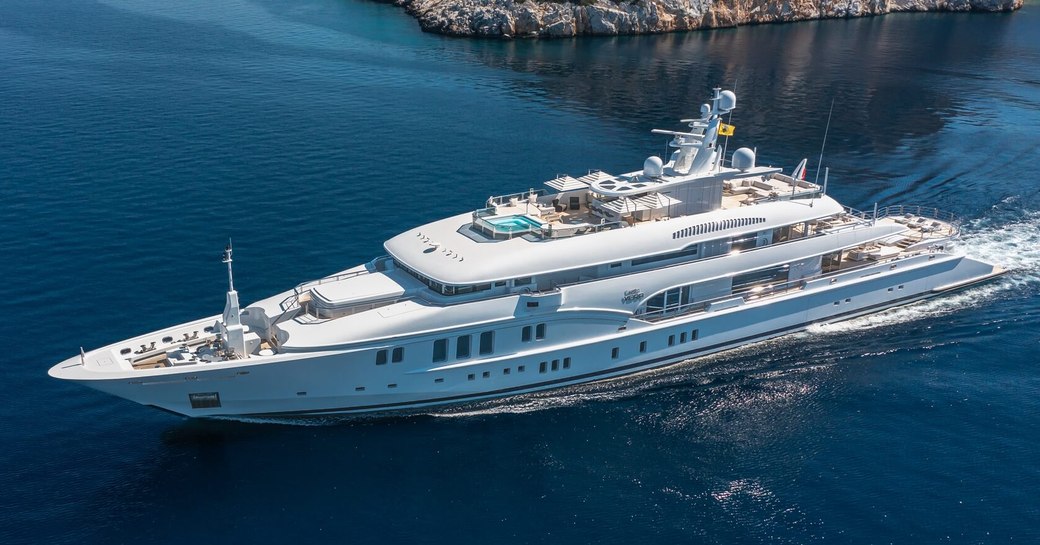 Charter yacht LADY VERA underway, surrounded by sea